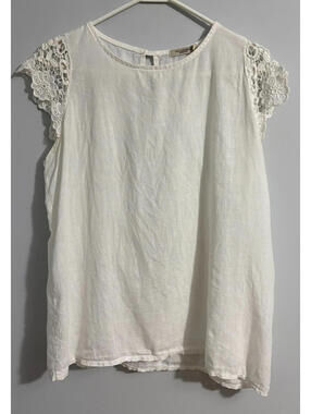 Viola Borghi Linen Top White Lace Cap Sleeves Made in Italy Women's Size Large